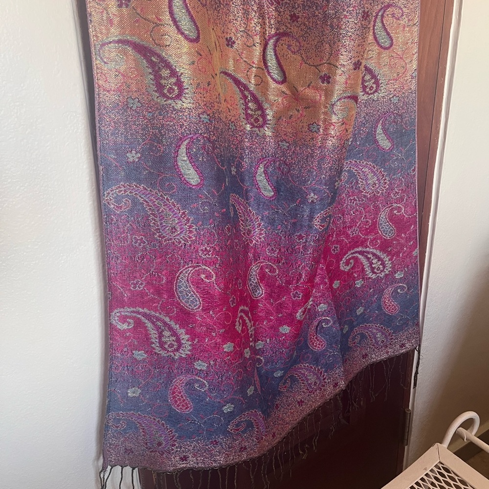 “Pashmina” style scarf blue pink purple gold colors - Picture 5 of 9